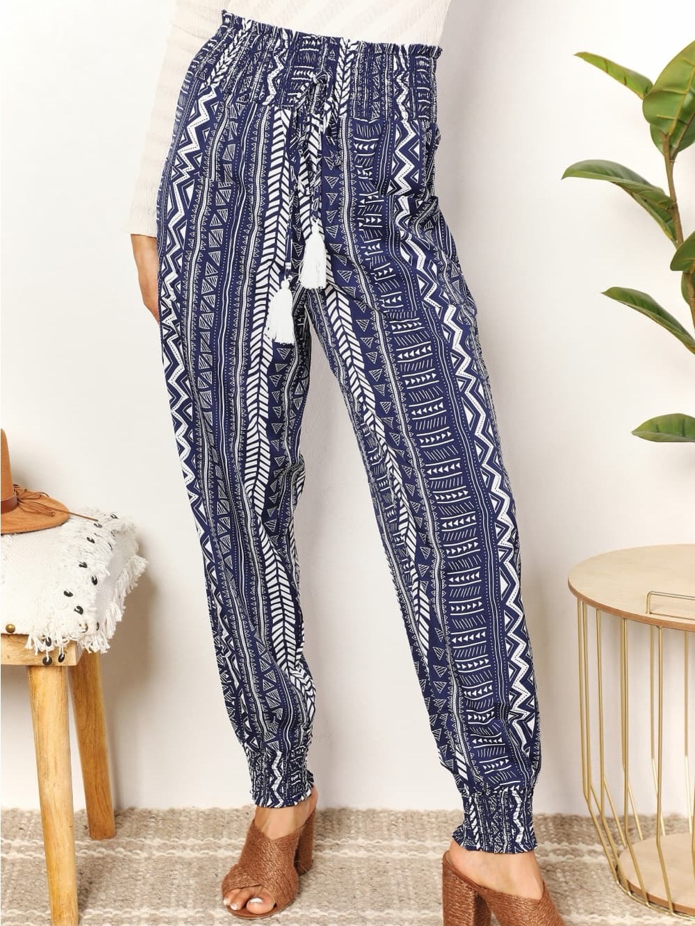 Navy Blue Geometric Tribal Boho Printed Elastic Waist Jogger Pants